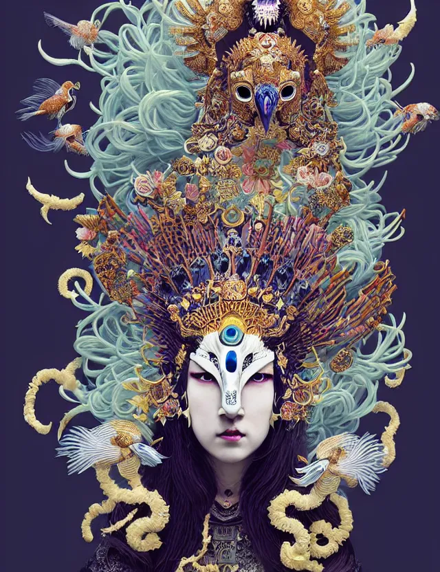 Image similar to goddess portrait with mask and crown made of ram skull. beautiful intricately detailed japanese crow kitsune mask and clasical japanese kimono. betta fish, jellyfish phoenix, bioluminescent, plasma, ice, water, wind, creature, super intricate ornaments artwork by tooth wu and wlop and beeple and greg rutkowski