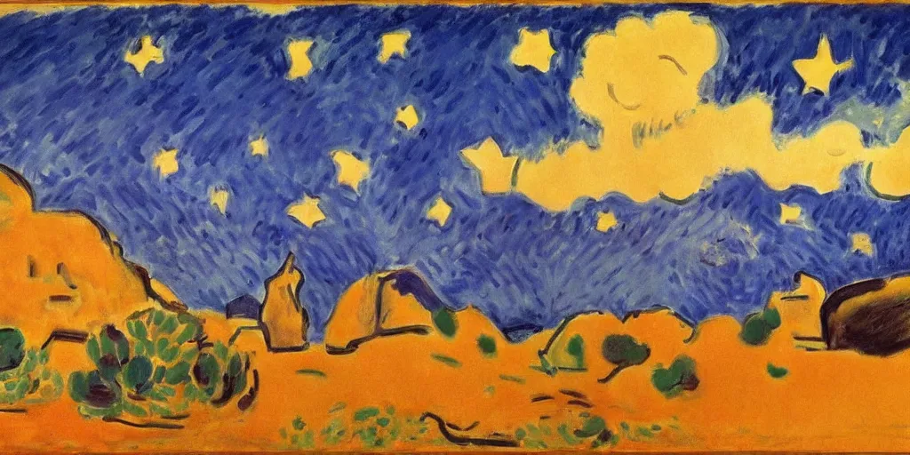 Image similar to desert with sky with stars by henri matisse, cinematic, highly detailed wide, atmospheric lighting