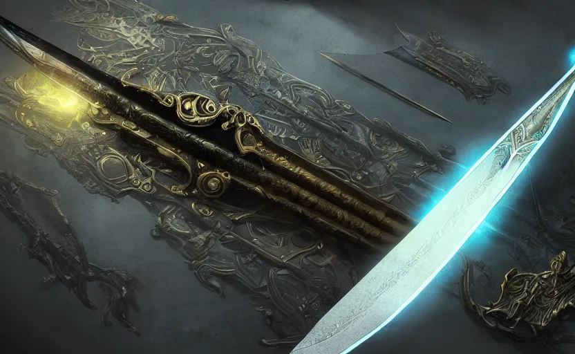 Image similar to legendary sword of cybernetic technology lying flat on a glowing table, digital award winning hd matte painting, intimate dark moody, intricate, long sharp black and iridescent blade, ornate spikes, colorful hilt, detailed realistic, raytraced blade, colored gems, golden pommel, in the style of greg rutkowski and krenz cushart, deviantart
