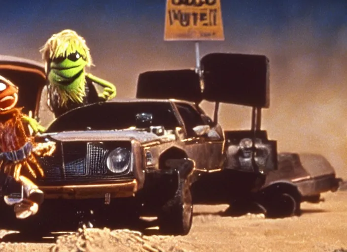 Image similar to scene from the 1979 science fiction film Muppet Mad Max