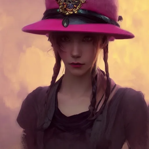 Image similar to a photorealistic dramatic fantasy render of a pink coloured haired young girl with a black wool street hat on her head by wlop, artgerm, greg rutkowski, alphonse mucha, beautiful dynamic dramatic dark moody lighting, shadows, cinematic atmosphere, artstation, concept design art, octane render, 8 k