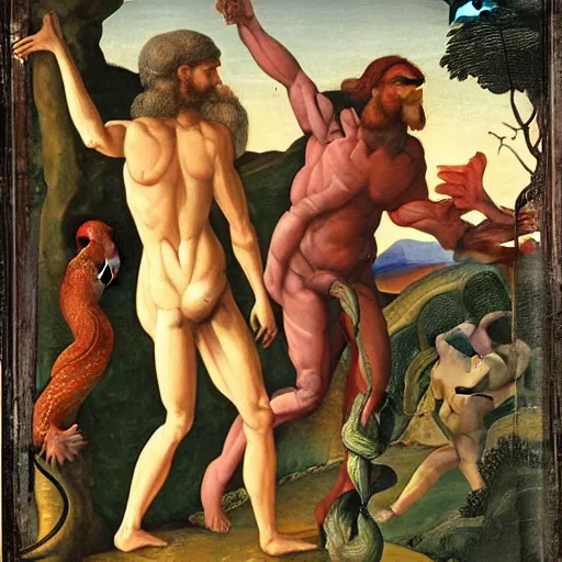 Prompt: Close-up of God being angry in the Garden of Eden. Adam and Eve look very guilty and the snake is leaving the scene quietly - anatomically correct, hyperrealistic