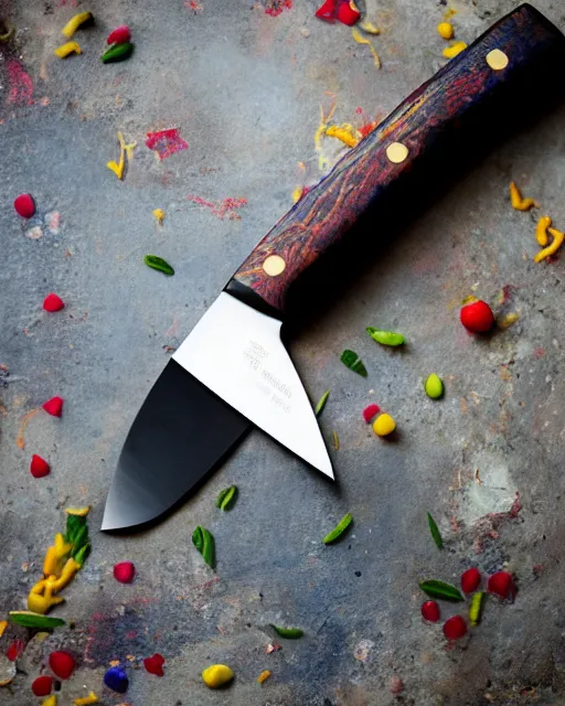 Image similar to A colorful studio photo of a kitchen knife with a black handle; bokeh, 90mm, f/1.4