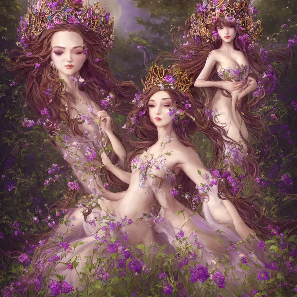 Prompt: A beautiful fantasy empress, highly detailed full body, just one head, breathtaking flower tiara, long hair, gorgeous aristocrat robe, beautiful figure, field of fantasy flowers and leaves, foxes and deer, epic composition, ultra wide-shot, dynamic pose, concept art, beautifully lit from left side, digital painting, smooth, character design, ((sharp focus)), elegant, intricate, artstation, by WLOP and James Jean and Victo Ngai and Ryohei Hase