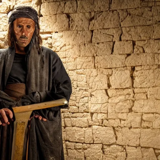 Image similar to award winning cinematic still of nighttime with 40 year old Mediterranean skinned man in Ancient Canaanite clothing fixing a ruined, crumbled wall in Jerusalem, holding a sword and a chisel, dramatic lighting, nighttime, strong shadows, bright red hues, directed by Michael Bay