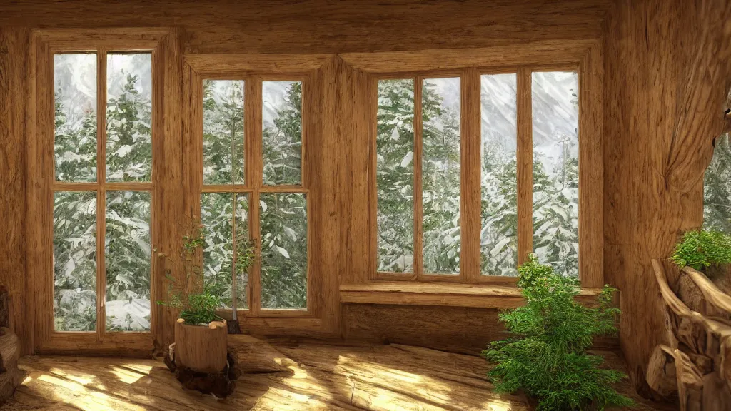 Prompt: Interior of a wood cabin, big glass window, many beautiful plants in pots, snowy landscape, hyper realistic, ultra detailed, trending on artstation, photo studio, concept art