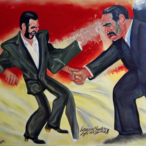 Prompt: Painting of George H.W. Bush punching Saddam Hussein in the stomach