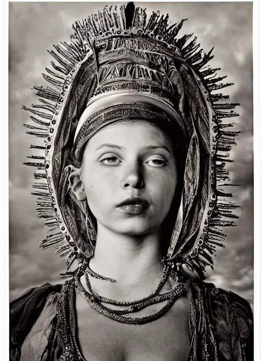 Image similar to portrait of young woman in renaissance dress and renaissance headdress, art by sebastiao salgado