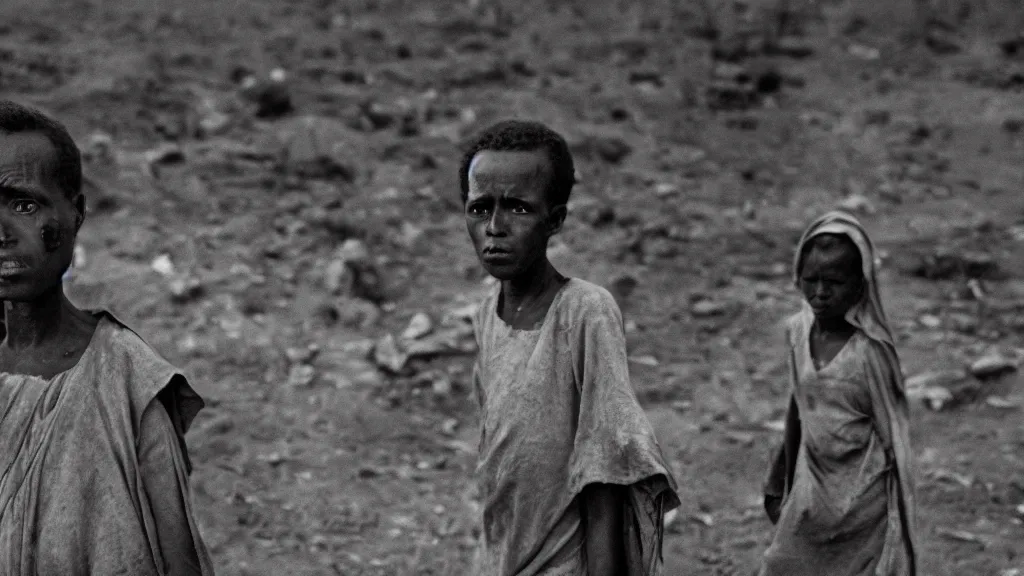 Image similar to 1984 Ethiopian biblical famine and drought, moody, dark, movie scene, hd, 4k, wide shot