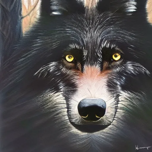 Prompt: wild and majestic black wolf beautifully standing in the shadows of some trees on a sunny day in a forest with heterochromia eyes, award winning, oil painting, high detail, high quality, 4k, stunning