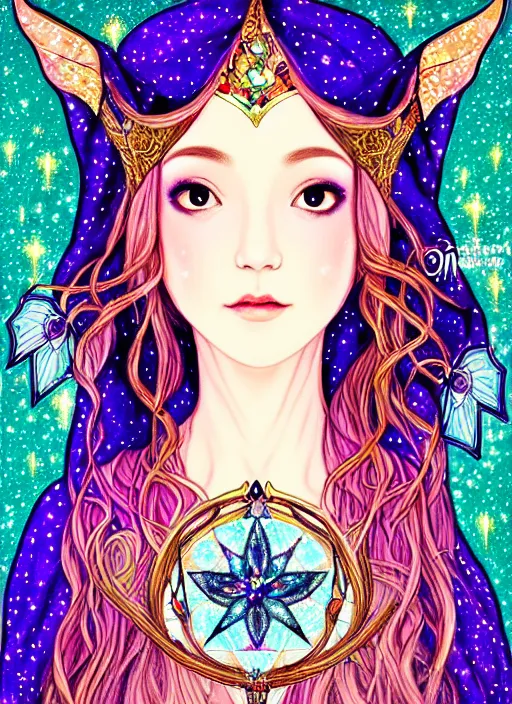 Image similar to fantastic portrait of a beautiftul witch pray with some shinny star, cloak, royally decorated crystal gemstones, symmetrical face, art nouveau, portrait, cute, fairy, by mai yoneyama, detailed background, artstation, intricate, elegant, highly detailed, colorful, maximalist