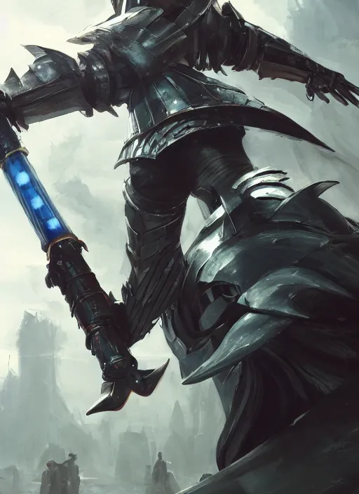 Prompt: side portrait of a humanoid shark in armor holding a lightsaber, anime, hyper - realistic, detailed, ghibli, ruan jia, wlop, fantasy, scifi, magic the gathering