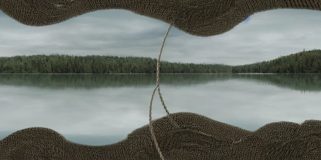 Image similar to centered photograph of a infinitely long rope zig zagging snaking across the surface of the water into the distance, floating submerged rope stretching out towards the center of the lake, a dark lake on a cloudy day, color film, trees in the background, hyper - detailed photo, anamorphic lens