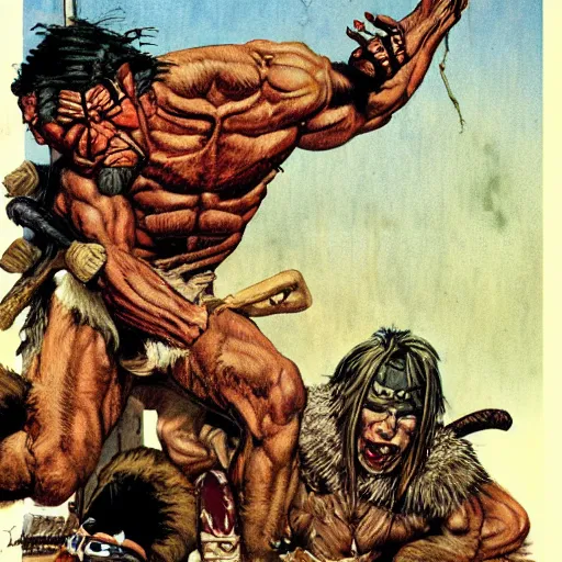 Image similar to goat man barbarian, ultra detailed, style of norman rockwell, style of richard corben, 4 k, rule of thirds.