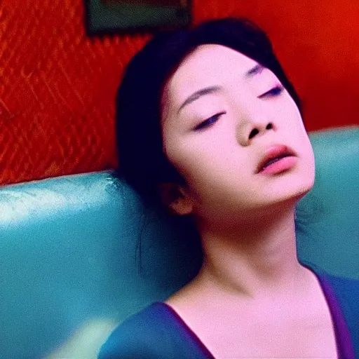 Prompt: screenshot of a girl smoking, in a movie of Wong Kar Wai, blue and green, beautiful, very beautiful, full of details, 4K