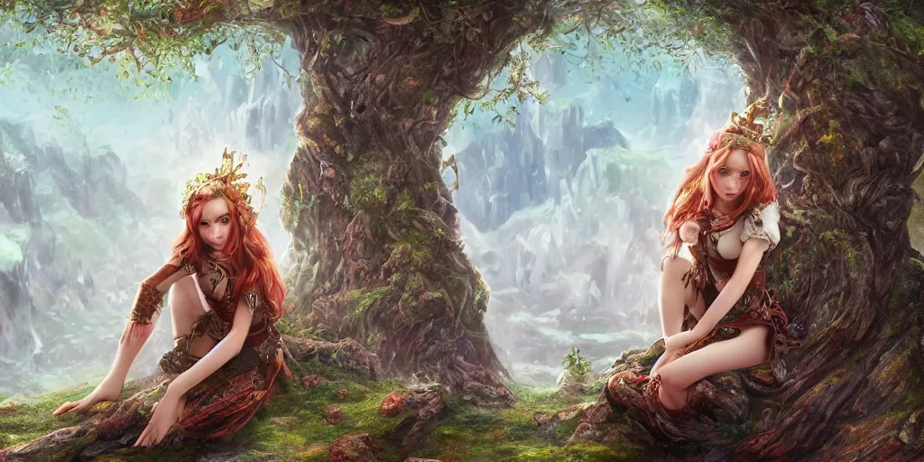 Image similar to alluring highly-res photo an attractive young elf woman (with a face of iceland young lady) sitting on top of giant tree in her tree city, clothed in a chesty fantasy outfit, intricate, elegant, highly detailed, digital painting, trending on Artstation, concept art, smooth, sharp focus, colorful, illustration, in the style of artgerm and greg rutkowski and alphonse mucha
