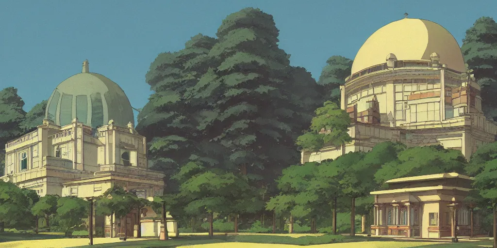 Image similar to A mysterious and godly domed reactor building in a city park, dieselpunk, by Studio Ghibli and Edward Hopper