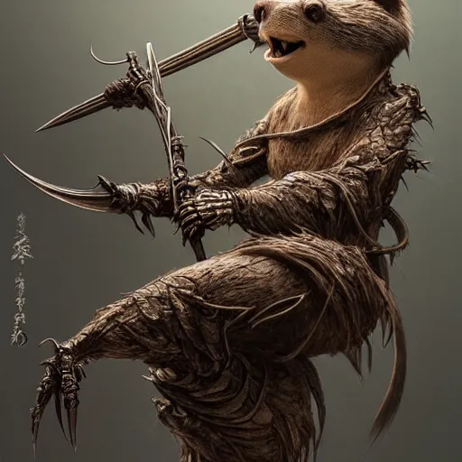 Image similar to a beautiful detailed 3d matte portrait of a ninja beaver, by ellen jewett, by tomasz alen kopera, by Justin Gerard, ninja outfit, visible beaver tail, shiny katana sword, dollar bills, ominous, magical realism, texture, intricate, skeleton, whirling smoke, radiant colors, fantasy, volumetric lighting, high details