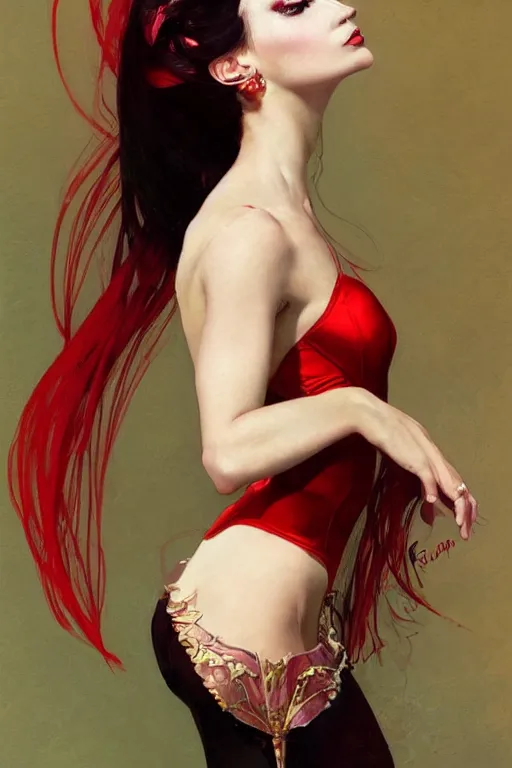 Prompt: a beautiful portrait of ballerina with long black and deep red colored hair dressed as a 1 9 6 0 s go - go dancer, intricate, elegant, highly detailed, digital painting, artstation, concept art, matte, sharp focus, illustration, art by greg rutkowski and alphonse mucha