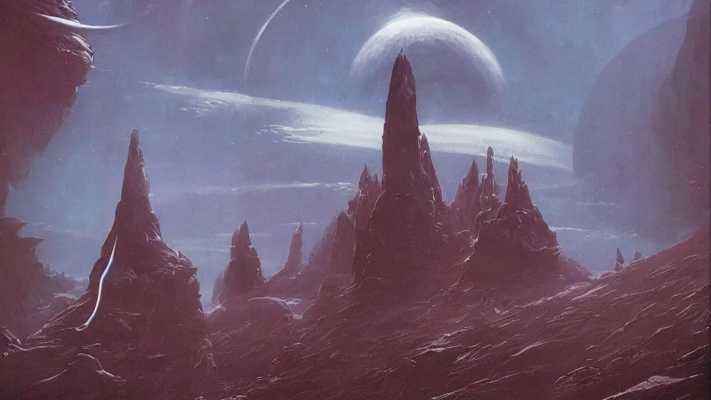 Image similar to eerie atmospheric evolving alien planet by gerald brom and vincent di fate, epic cinematic matte painting
