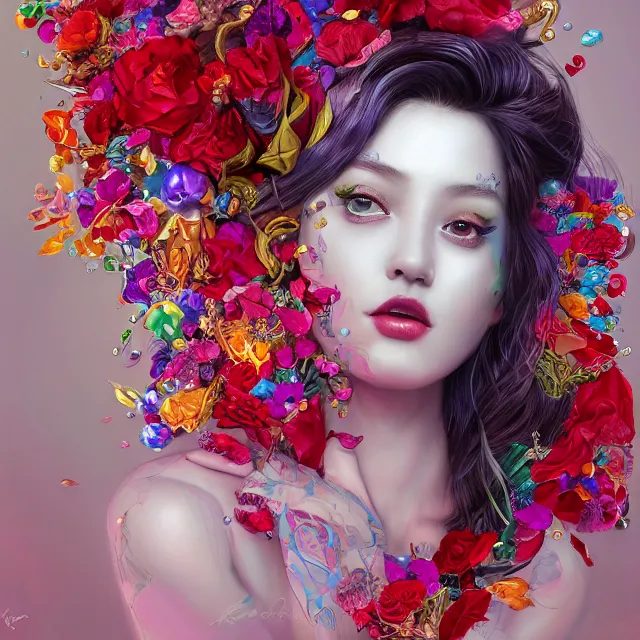 Image similar to studio portrait absurdly beautiful, elegant, graceful, young hypercolorful rainbow sensual gravure idol rubies red petals gems, ultrafine hyperrealistic detailed face illustration by kim jung gi, irakli nadar, intricate linework, sharp focus, bright colors, matte, octopath traveler, final fantasy, unreal engine highly rendered, global illumination, radiant light, intricate environment