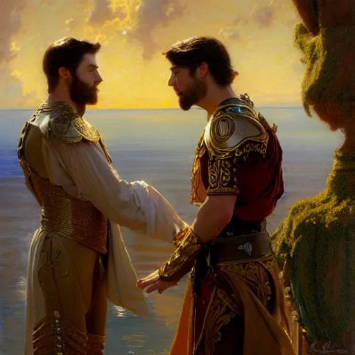 Image similar to attractive fully clothed king confesses his love for his attractive fully clothed male prince. highly detailed painting by gaston bussiere, craig mullins, j. c. leyendecker 8 k