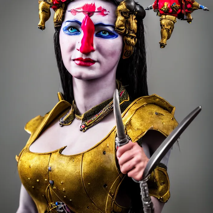 Prompt: full body photograph ofa real - life very beautiful female jester warrior. extremely detailed. dslr. 8 5 mm.