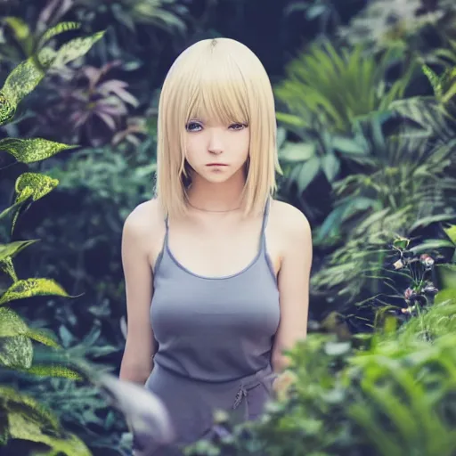 Prompt: a beautiful blond anime girl made from plants, full body shot, symmetrical face, 8 k, shallow depth of field, moody lighting, cinematic lighting,