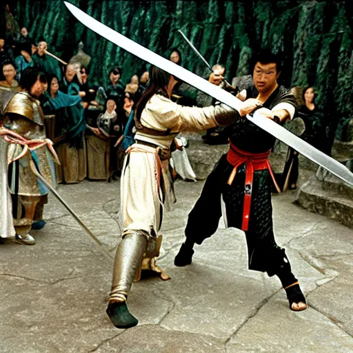 Image similar to xianxia fantasy, xuanhuan martial artist fighting european knight, chinese swordsman fighting medieval european swordsman, fantasy, wuxia, pseudo - medieval fantasy, cinematic, 1 9 8 6 movie screenshot, french swordsman fighting chinese swordsman