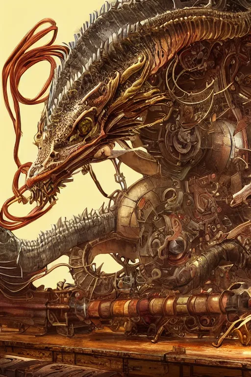 Prompt: illustration, single whole live dragon, old sick gold and crimsoned scaled asian style dragon on a brass plank of machinery with wires and gears and steam punk apparatus, matte painting, style of studio ghibli, concept art, featured in artstation and artgerm and pixiv, award winning, cinematic, 8 k