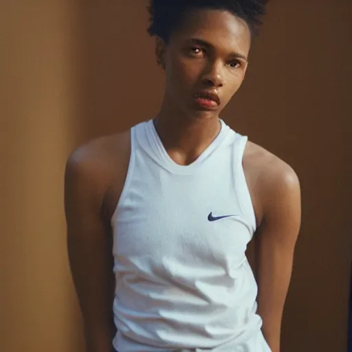 Image similar to realistic! photoshoot for a new nike lookbook, color film photography, portrait of a beautiful woman, location in a apartment, highly detailed, 8K, in style of tyler mitchell, 35mm