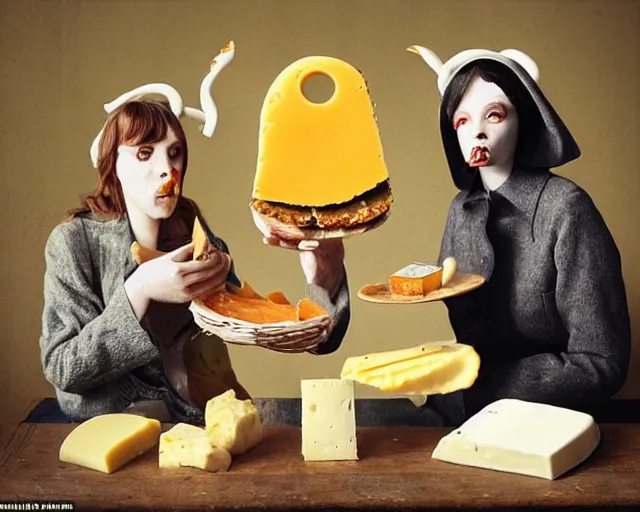 Image similar to incredible strange absurd artwork of androids tasting cheese, finding it very weird, weird tasting ritual of cheese products in the style of tim walker fashion photography