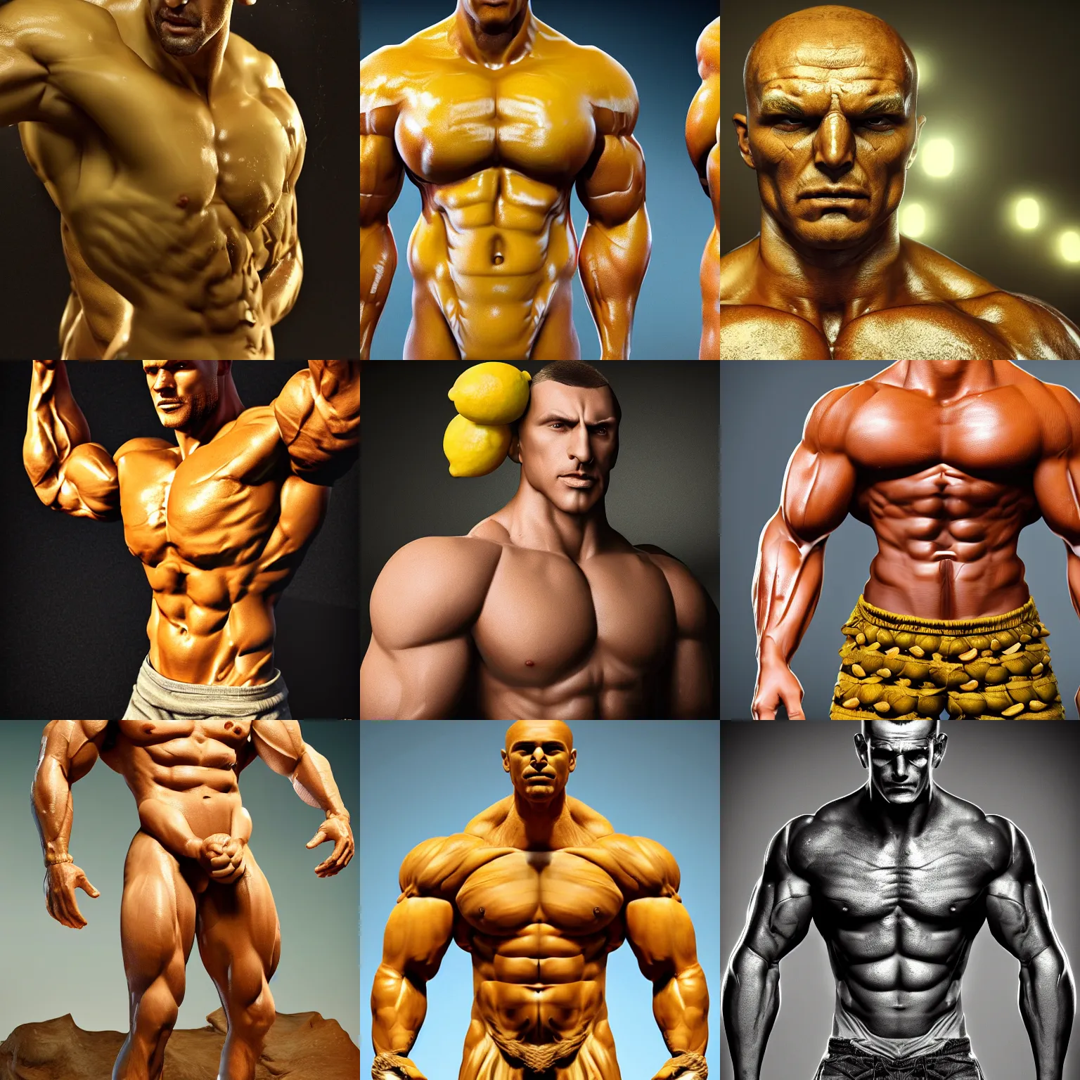 Prompt: a muscular man made out of lemons, beautifully highly detailed, intricate, wlop, photorealistic, 8 k resolution, cinematic lighting