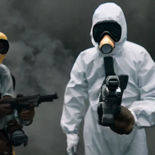Image similar to a man wearing a hazmat suit and gasmask aiming a pistol, film still, cinematic, enhanced