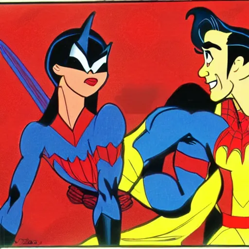Prompt: Batman and Spiderman in the uniform of McDonald's employees. Disney drawing. Pocahontas, Mulan