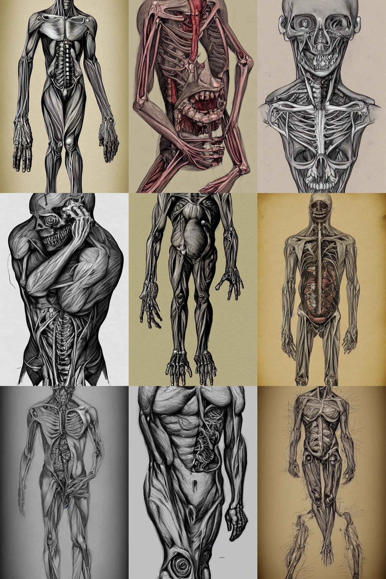 Prompt: anatomical sketch of amalgamated humans body horror