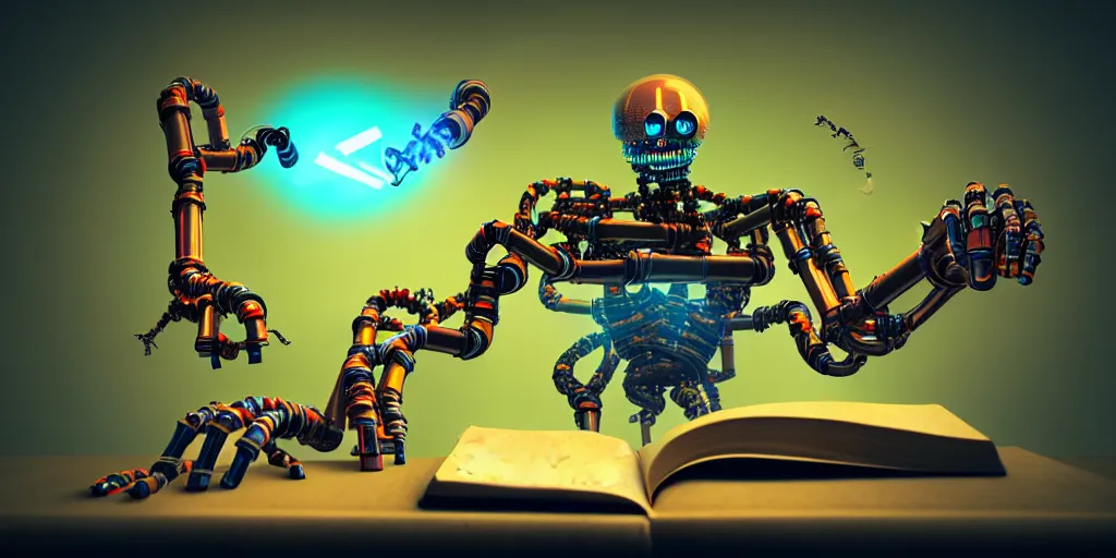 Image similar to A frightening multi armed evil robot devouring books with pipes and tubes and pages floating down, hyperealistic very colourful hdr cinematic lighting cgi render photorealistic cinematic octane render