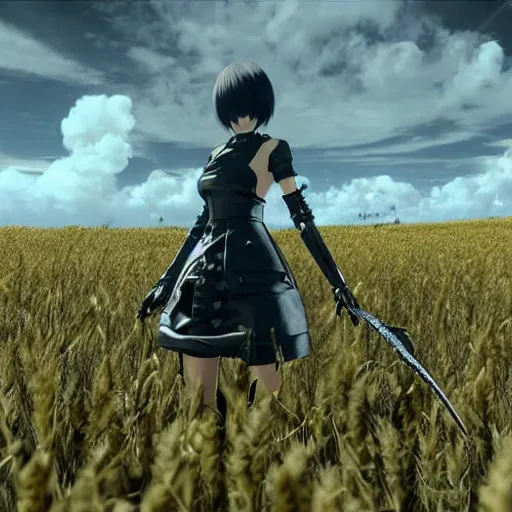 Prompt: a high resolution very detailed image of yorha android fighting a helicopter in nier : automata boss fight, in yellow rye field under blue sky