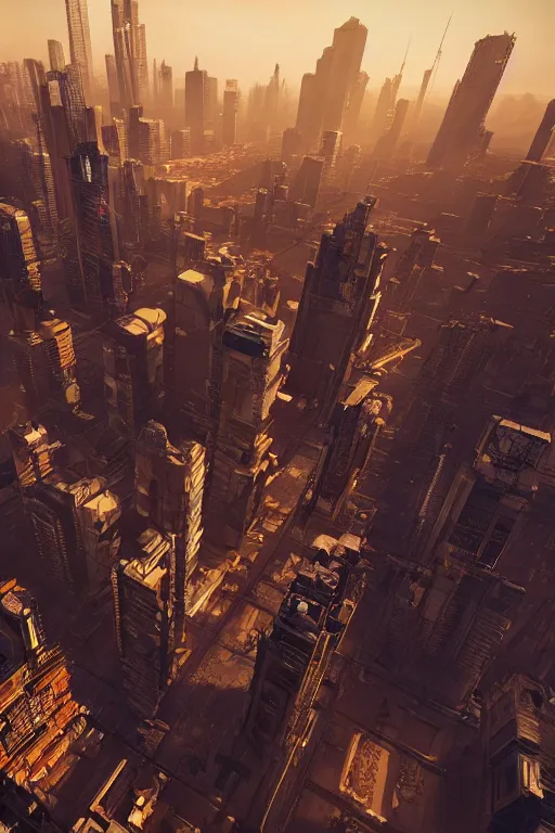 Image similar to cyberpunk cityscape with tall buildings at dusk golden hour orange cinematic lighting, epic composition. A golden daylight, hyper-realistic environment. Hyper and intricate detail, photo-realistic. Cinematic and volumetric light. Epic concept art. Octane render and Unreal Engine, trending on artstation