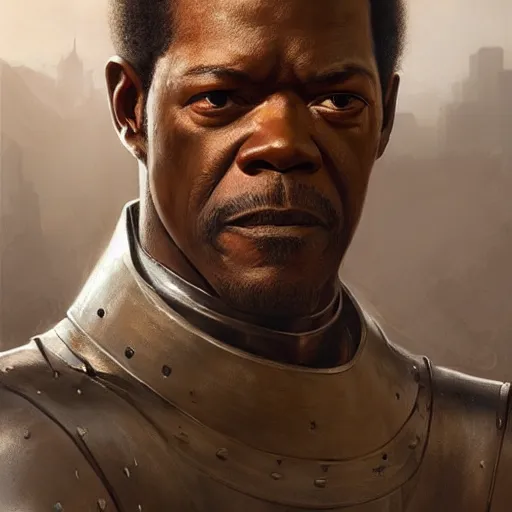 Image similar to closeup portrait of a young samuel jackson as a medieval knight, city background, dramatic light, gorgeous view, depth, high detail, digital art, painted by greg rutkowski, trending on artstation