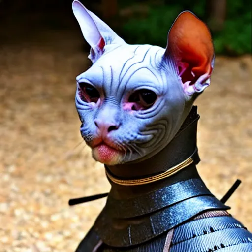 Image similar to samurai armor worn by hairless sphynx cat