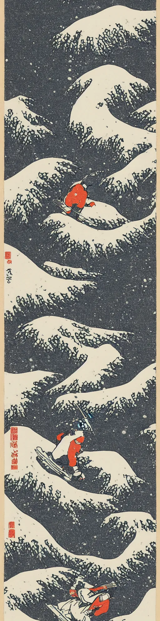 Image similar to man snowboarding carving tracks woodblock print, style of hokusai, fine art, style of kanagawa, winter painting