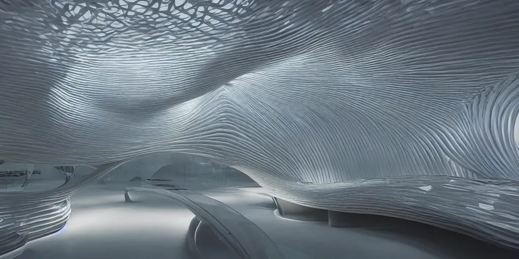 Image similar to extremely detailed stunning beautiful futuristic smooth curvilinear museum interior, translucent gills, hyper real, 8k, 3D cinematic volumetric light, atmospheric light