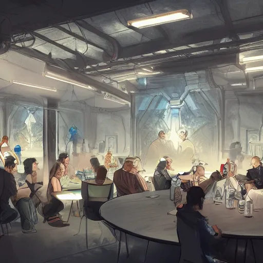 Image similar to concept, venue in meta space, people siting on many round tables, large screen on the wall, artstation