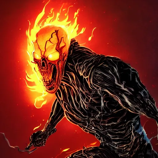 Image similar to ghost rider symbiote, comic strip style, dynamic lighting, fantasy concept art, trending on art station, stunning visuals, creative, cinematic, portrait, ultra detailed