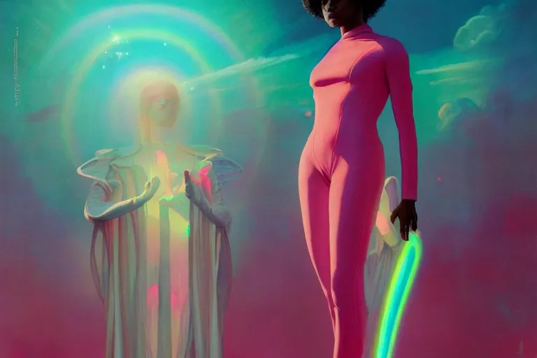 Image similar to patron saint of 🛸🌈👩🏾, futuristic clothing, pink background, warped gravity, neon god of city character portrait, in the style of moebius, wlop, tom bagshaw, and waterhouse, cinematic lighting, beautiful, elegant, oil painting,