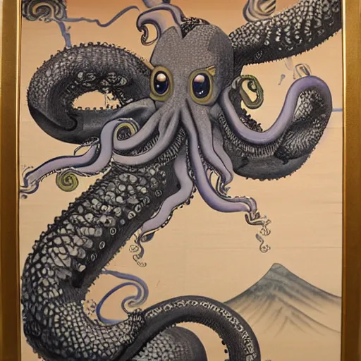 Image similar to photorealistic highly detailed japanese ancient art style painting of giant octopus sinking a ww2 battleship clutching in tentacles