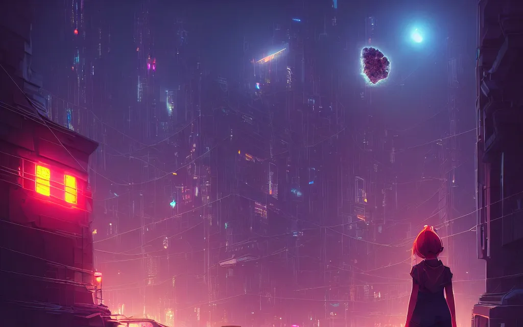 Image similar to girl staring at a meteorite hitting a floating cyberpunk city at night by wlop, low poly art, ultra detailed color art, high detail, digital art