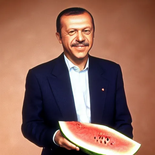 Image similar to recep tayyip erdogan smiling holding watermelon for a 1 9 9 0 s sitcom tv show, studio photograph