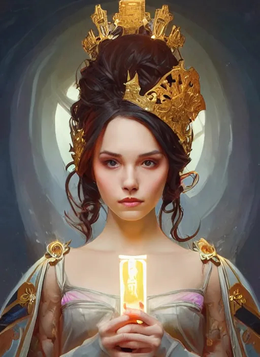 Prompt: hannah owo as queen, incredibly detailed face, pretty face, light dress, true anatomy, art by artgerm and greg rutkowski and alphonse mucha